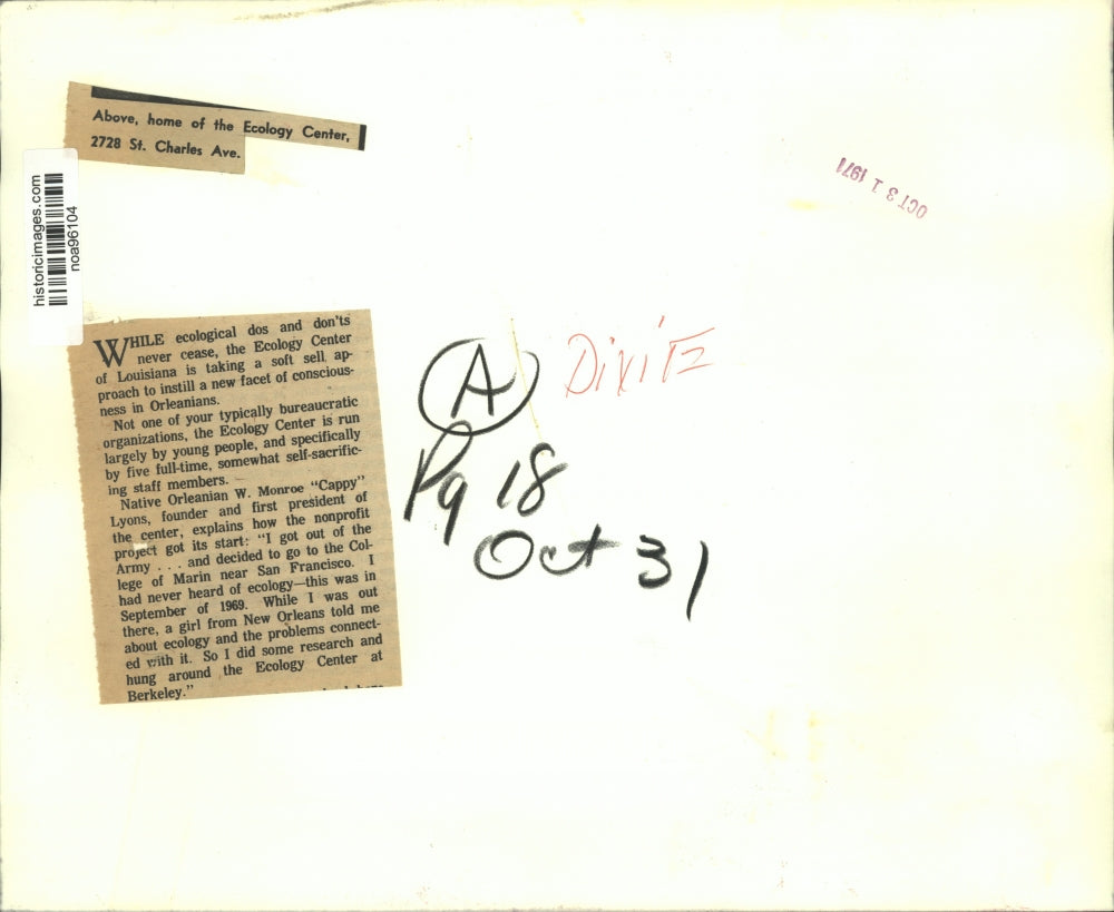 1971 Press Photo home of the Ecology Center, 2728 St. Charles Ave., Louisiana