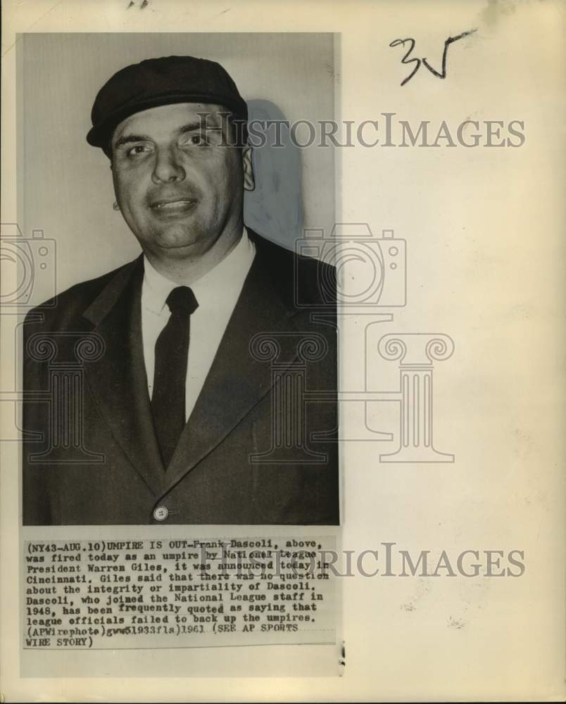 1961 Press Photo Frank Dascoli, former umpire of the National League - noa96756- Historic Images