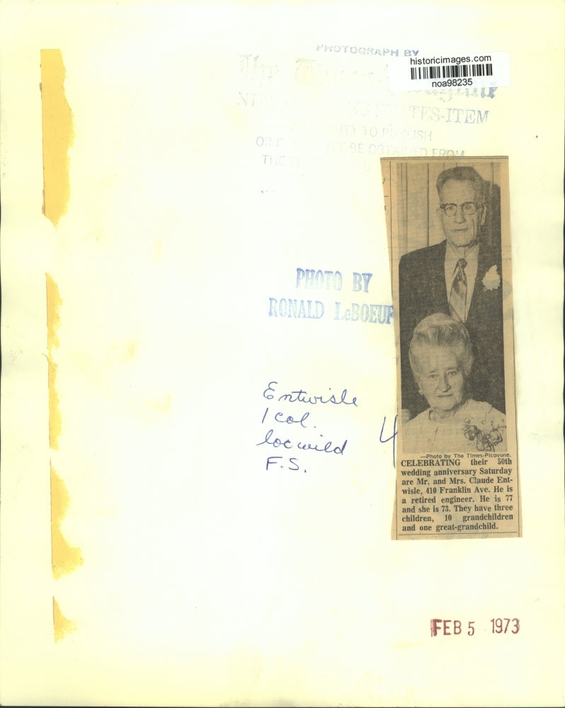 1973 Press Photo Claude Entwisle and His Wife Celebrate Their 50th Anniversary