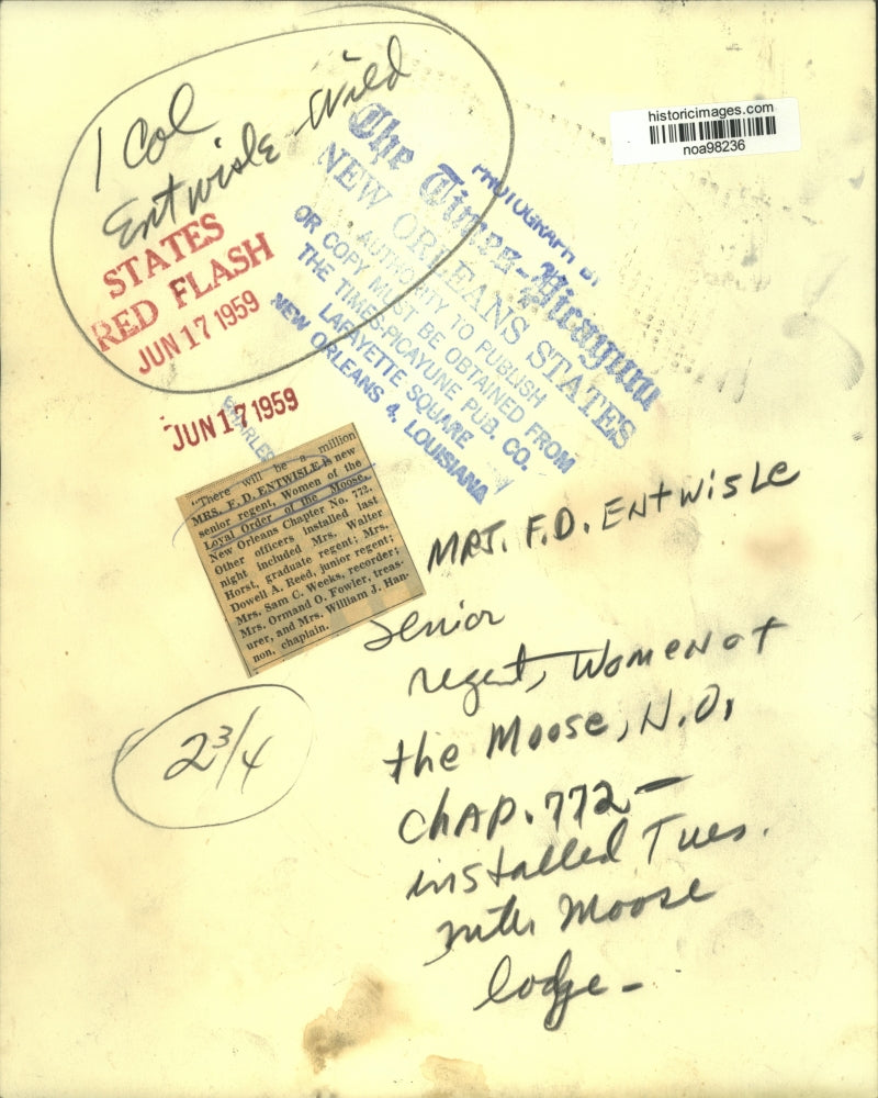 1959 Press Photo Senior Regent of Women of the Moose Mrs. F.D. Entwisle