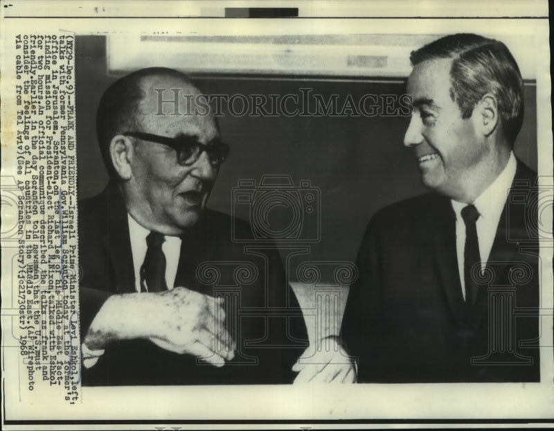 Load image into Gallery viewer, 1968 Press Photo Prime Minister Eshkol &amp; Gov. Scranton talk in Jerusalem.
