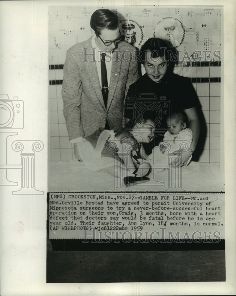 1959 Press Photo Mr. & Mrs. Orville Erstad & son Craig to have heart operation.