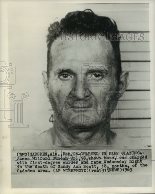 1963 Press Photo James Milford Duncan Sr., 56, charged with rape/murder of baby- Historic Images