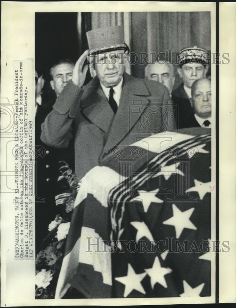 Load image into Gallery viewer, 1969 Press Photo French President De Galle salutes coffin of Dwight Eisenhower
