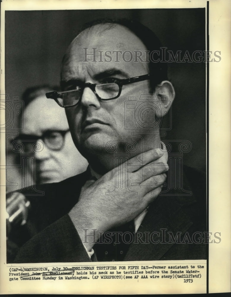 1973 Press Photo John Ehrlichman holds his neck as he testifies in Washington.- Historic Images