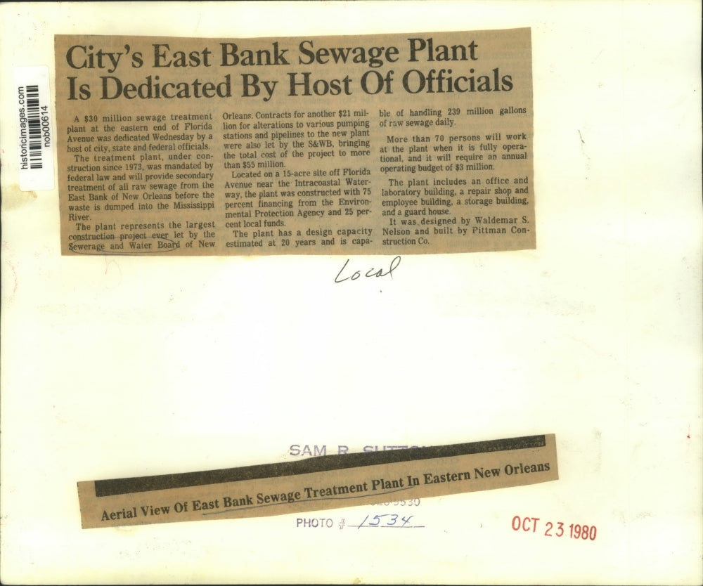 1980 Press Photo Aerial view of East Bank Sewage Treatment Plant. - nob00614