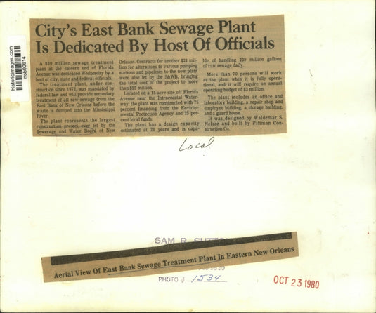 1980 Press Photo Aerial view of East Bank Sewage Treatment Plant. - nob00614