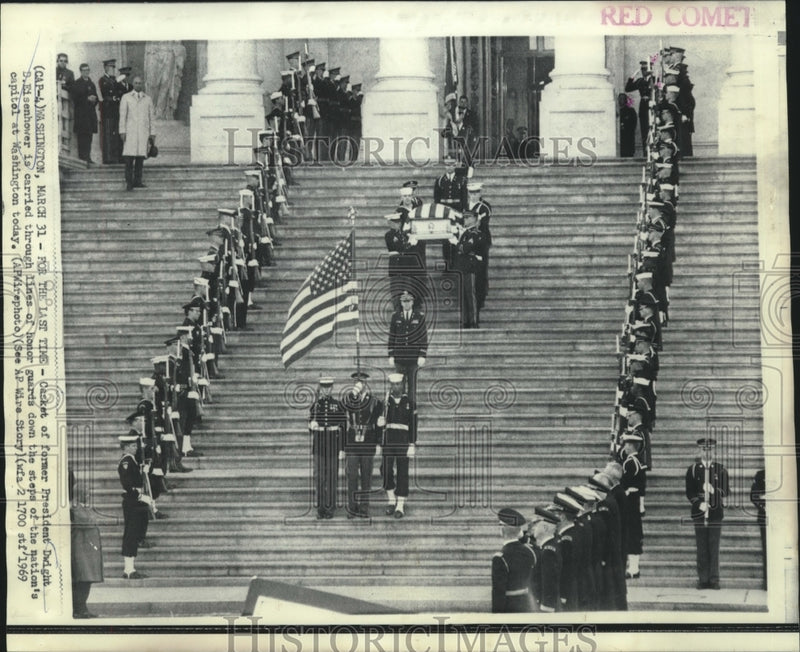 Load image into Gallery viewer, 1969 Press Photo Casket of Dwight Eisenhower carried down the Washington capitol
