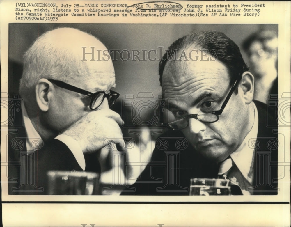 1973 Press Photo John Ehrlichman listens to whispered message from John Wilson- Historic Images