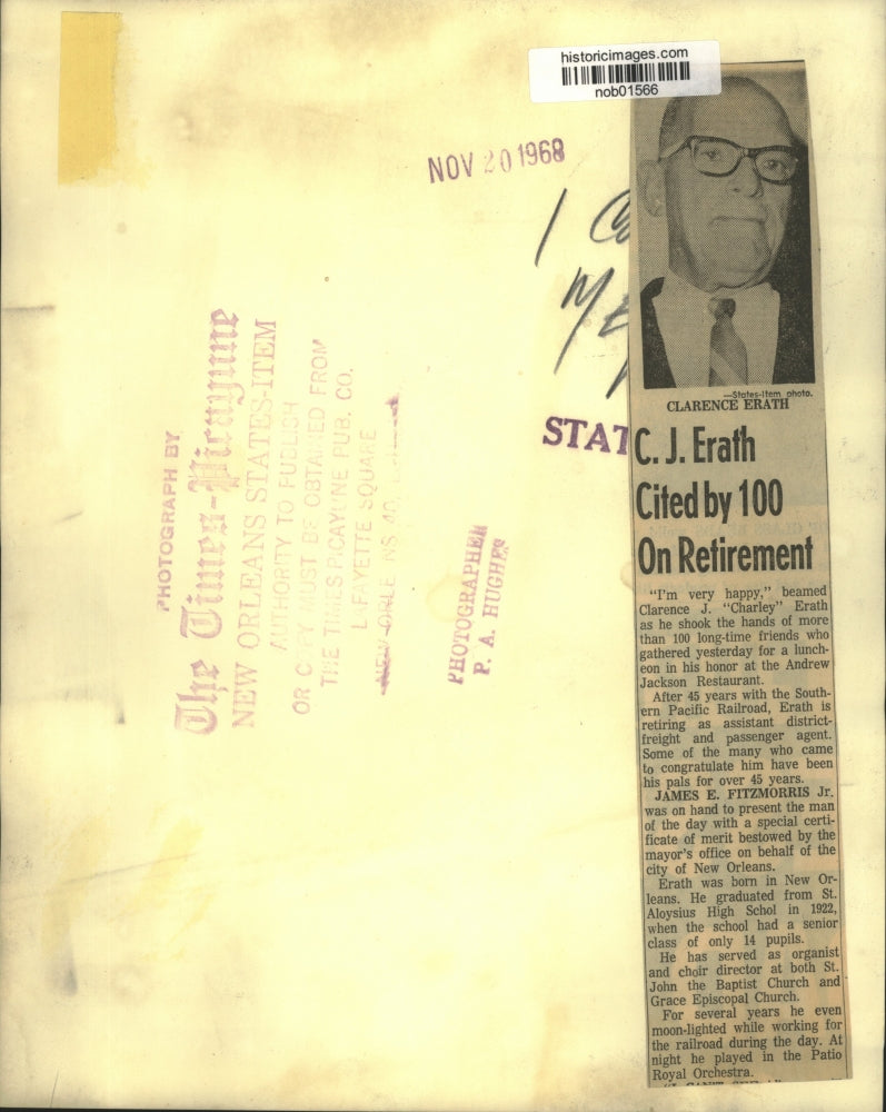 1968 Press Photo C.J. Erath cited by 100 long-time friends at retirement party.