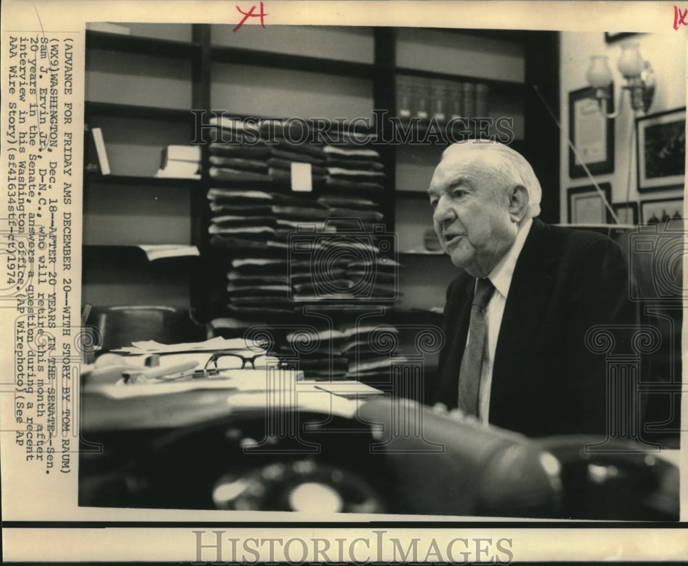 1974 Press Photo Senator Sam Ervin Jr., being interviewed in his office.