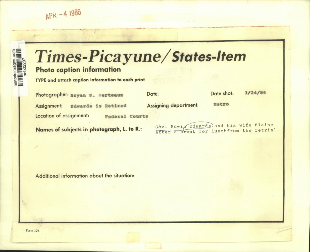 1986 Press Photo Governor Edwin Edwards and Wife Elaine at Federal Courts