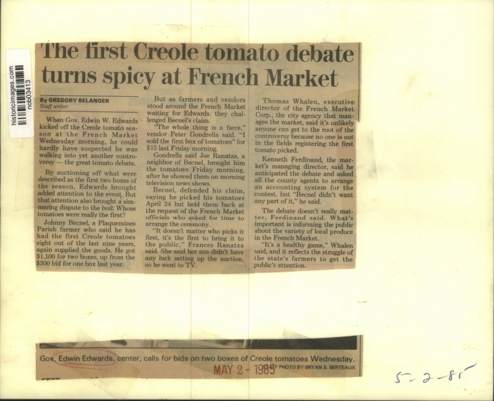 1985 Press Photo Governor Edwin Edwards calls for bids on two boxes of Tomatos