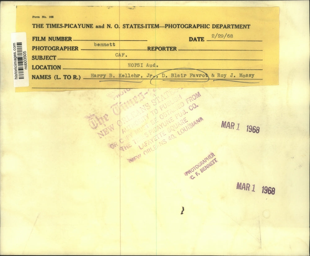 1968 Press Photo Harry R. Kellehr, Jr., D. Blair Favrot & Roy J. Mossy