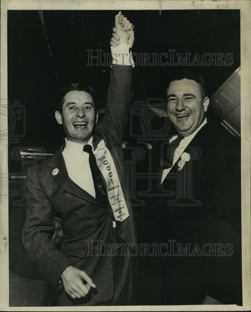 Load image into Gallery viewer, 1956 Press Photo William S Coci wins with arm raised by Mollere - nob04750
