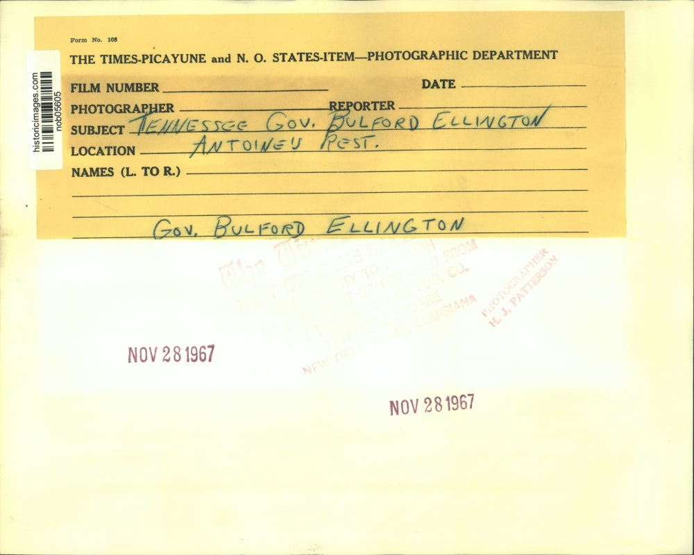 1967 Press Photo Tennessee Governor Bulford Ellington, Antoine's Restaurant