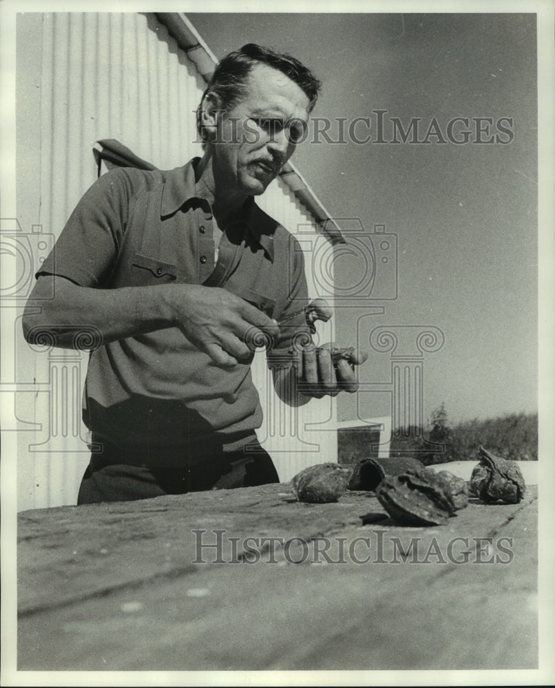 1976 Press Photo River Captain Herman Fitzpatrick shucks oysters.- Historic Images