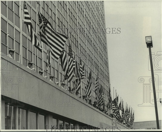 1975 Press Photo Hundreds of American Flag raised during Flag Day - nob06960
