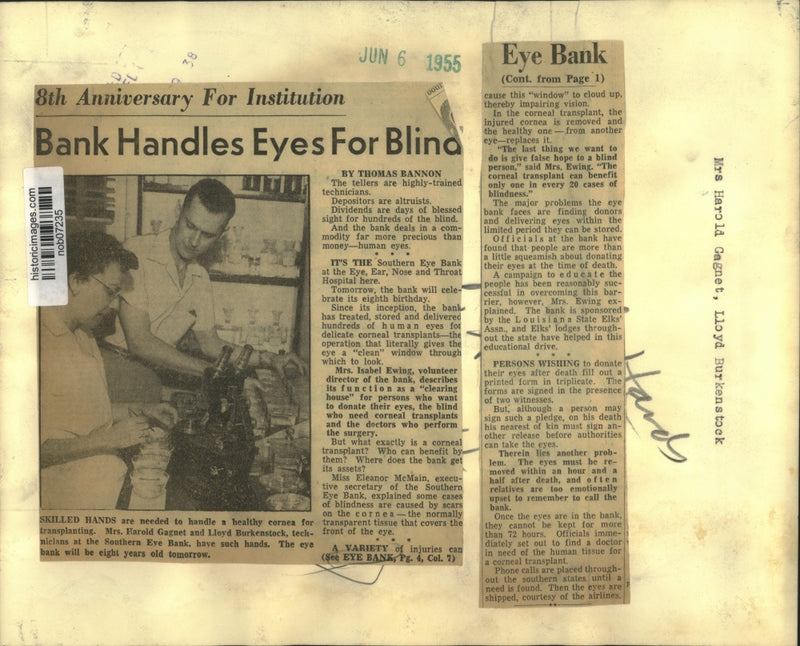 Load image into Gallery viewer, 1955 Press Photo Mrs. Harold Gagnet, Lloyd Burkenstock at the eye bank
