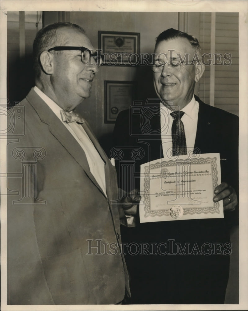 Load image into Gallery viewer, 1961 Press Photo Dr. George Hauser &amp; Emile Eymard at LA Oyster Dealers meeting.
