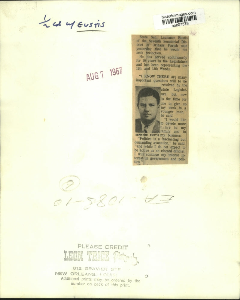 1967 Press Photo State Senator Laurance Eustis of Orleans Parish - nob07378