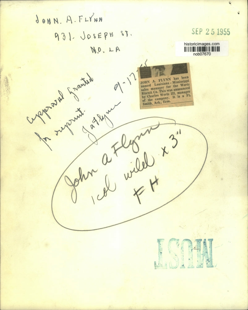 1955 Press Photo John Flynn, Louisiana-Mississippi sales manager, Wortz Biscuit