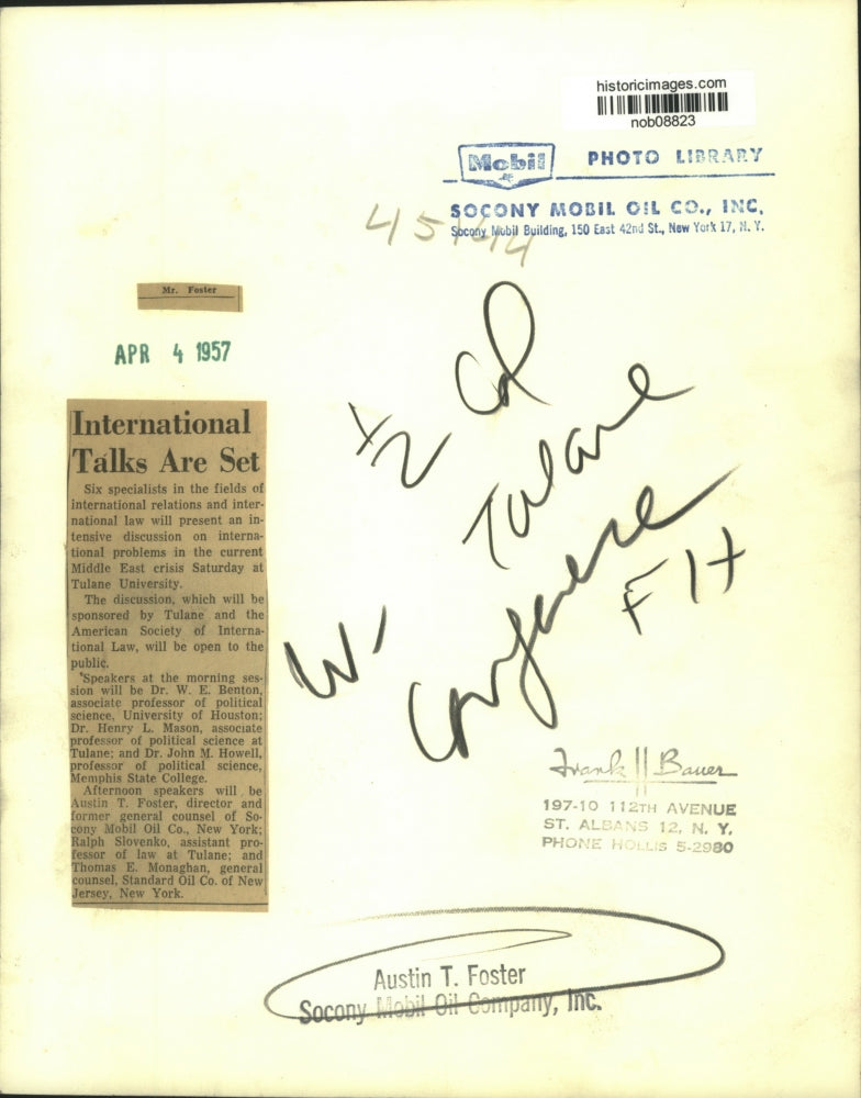 1957 Press Photo Austin Foster, Socony Mobil Oil Co. to speak at Tulane.