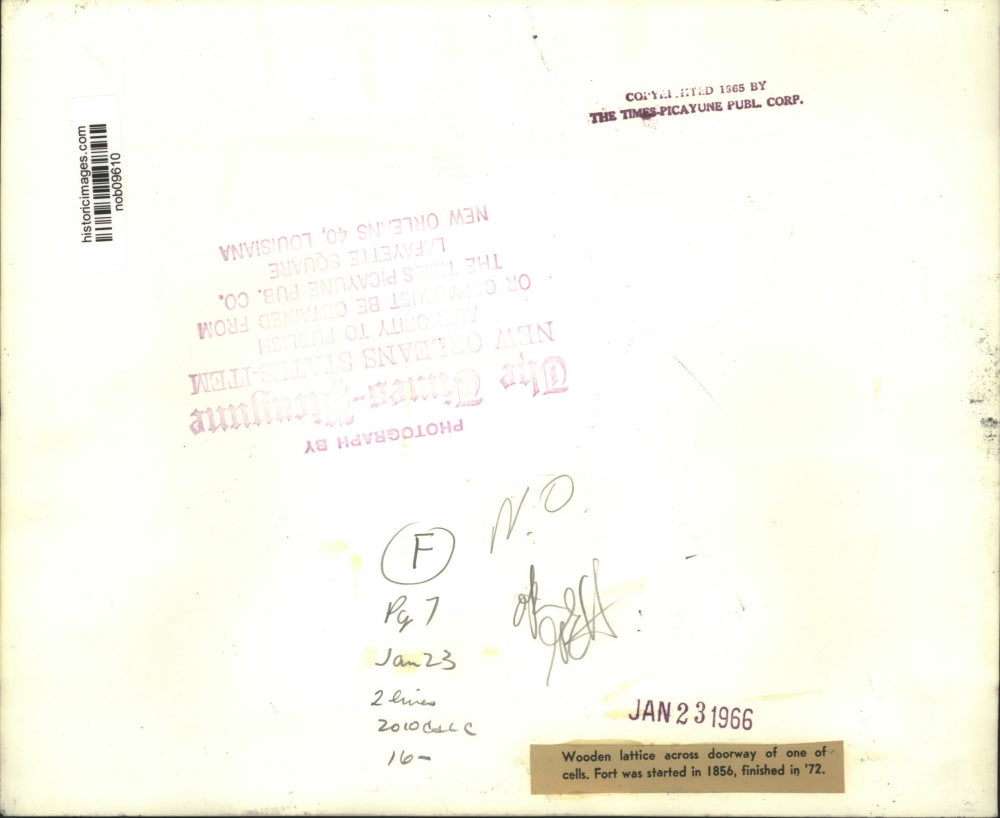 1966 Press Photo Wooden lattice across doorway of cell in fort - nob09610