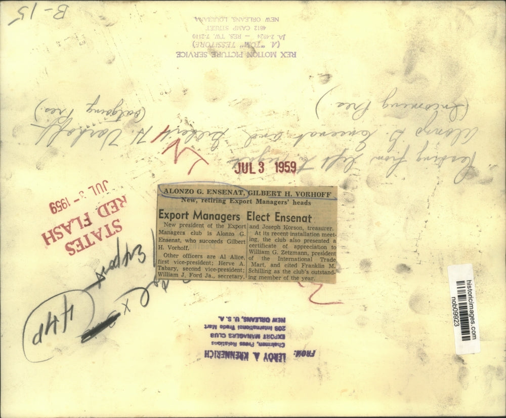 1959 Press Photo Alonzo Ensenat, Gilbert Vorhoff, new & retiring Export Managers