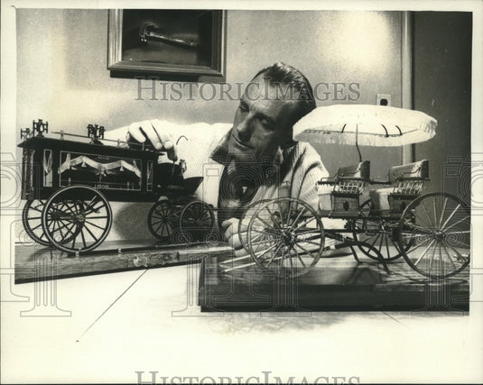 1966 Press Photo Dave Fisher builds models of horse-drawn vehicles. - nob11395