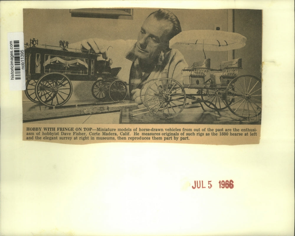 1966 Press Photo Dave Fisher builds models of horse-drawn vehicles. - nob11395