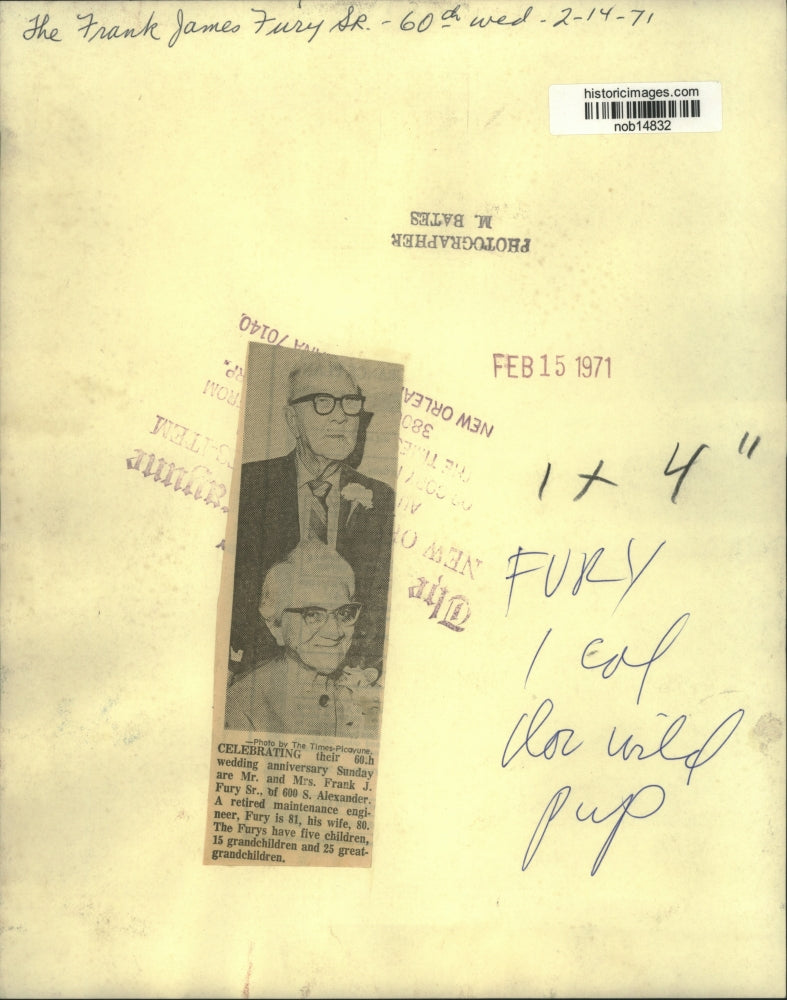 1971 Press Photo Mr. & Mrs. Frank J. Fury Sr. Celebrate 60th Wedding Anniversary