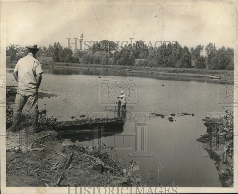 Load image into Gallery viewer, 1966 Press Photo Employees at Freiberg Mahogany Mill Pond checking logs
