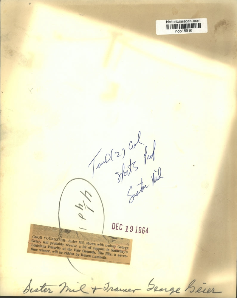 1964 Press Photo Sister Mil with trainer George Geier for Louisiana Futurity