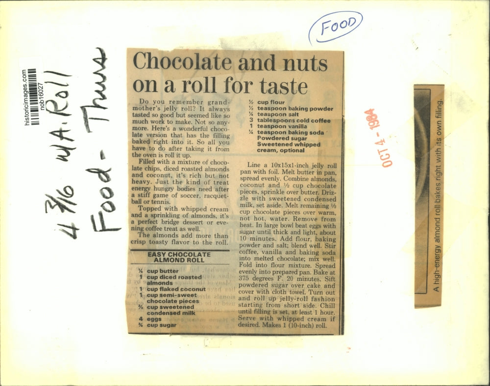 1984 Press Photo Easy Chocolate Almond Roll- Recipe - nob16027