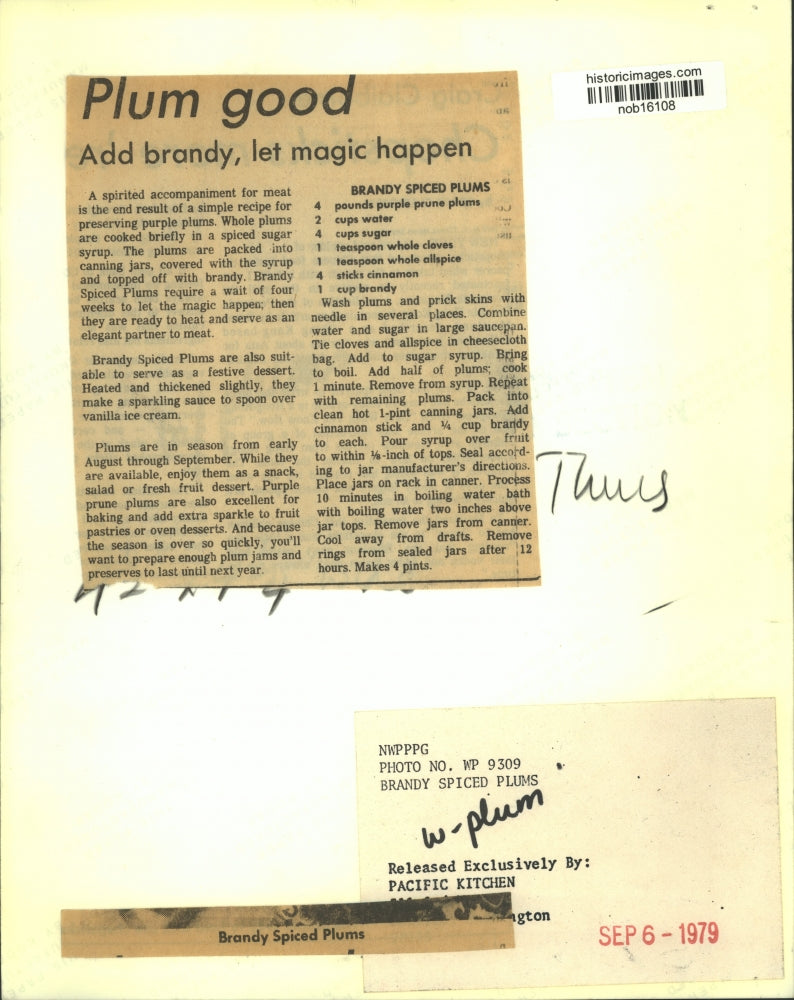 Load image into Gallery viewer, 1979 Press Photo Brandy Spiced Plums. Add brandy and let the magic happen.
