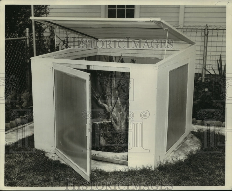 Load image into Gallery viewer, 1959 Press Photo Portable shelter over a plant to keep it over winter.
