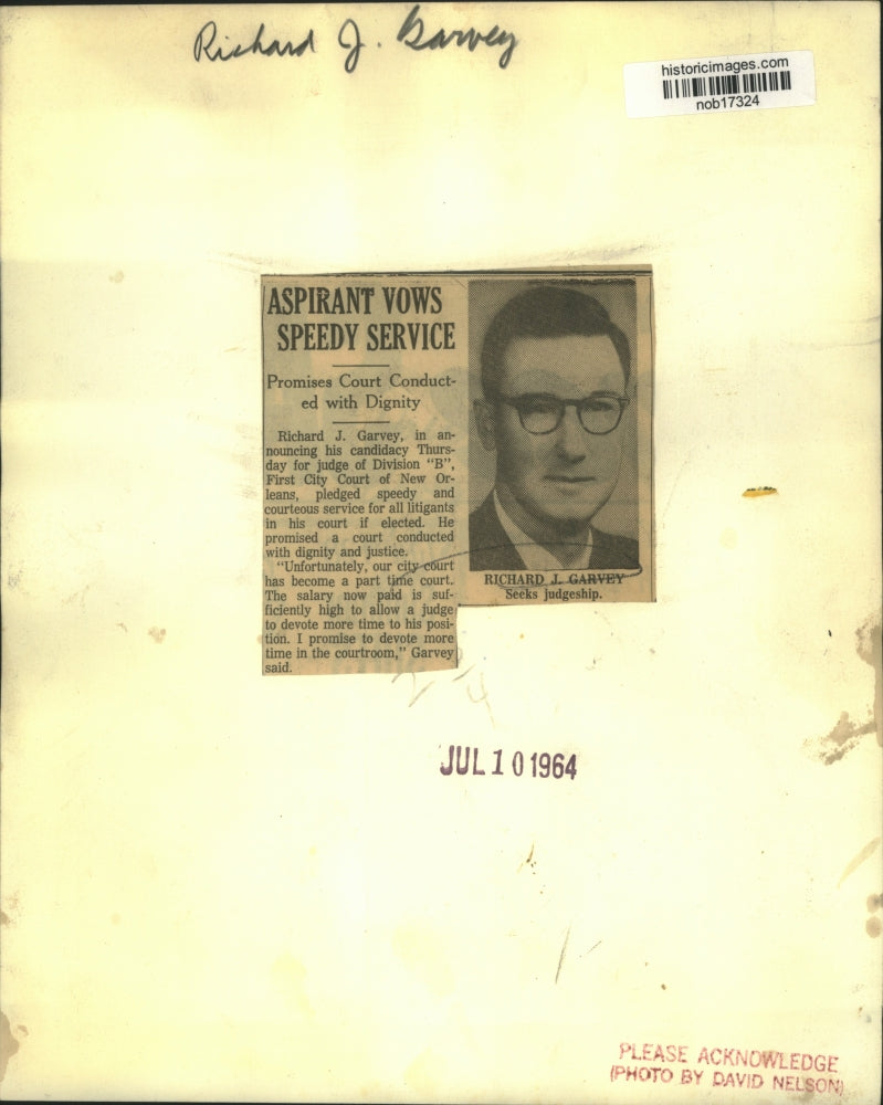 1964 Press Photo Richard J. Garvey, announces candidacy for judge of Division B