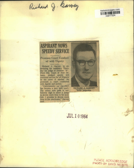 1964 Press Photo Richard J. Garvey, announces candidacy for judge of Division B