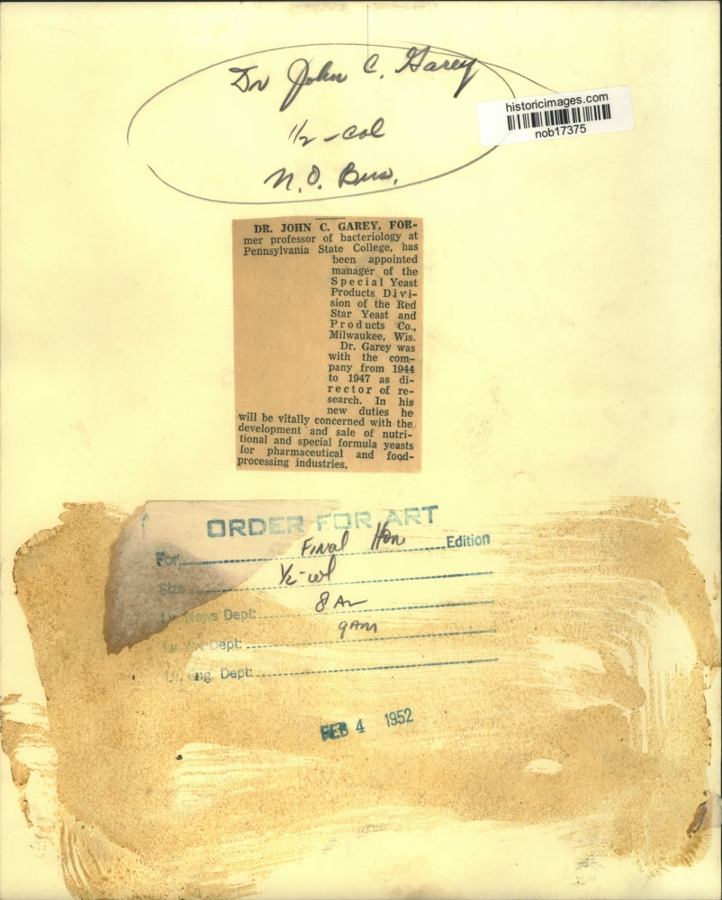 1952 Press Photo Dr. John C. Garey, Red Star Yeast Company - nob17375