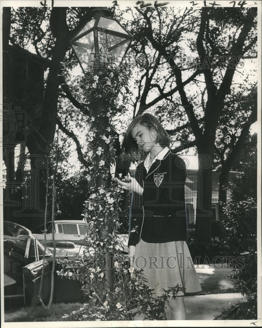 1964 Press Photo Polly Simons admiring a yellow Carolina Jessamine - nob18732