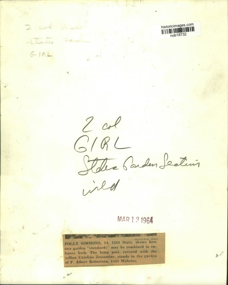 1964 Press Photo Polly Simons admiring a yellow Carolina Jessamine - nob18732