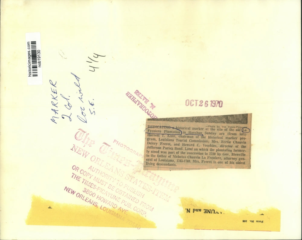 1970 Press Photo Dedicating historical marker at the old La Freniere Plantation.