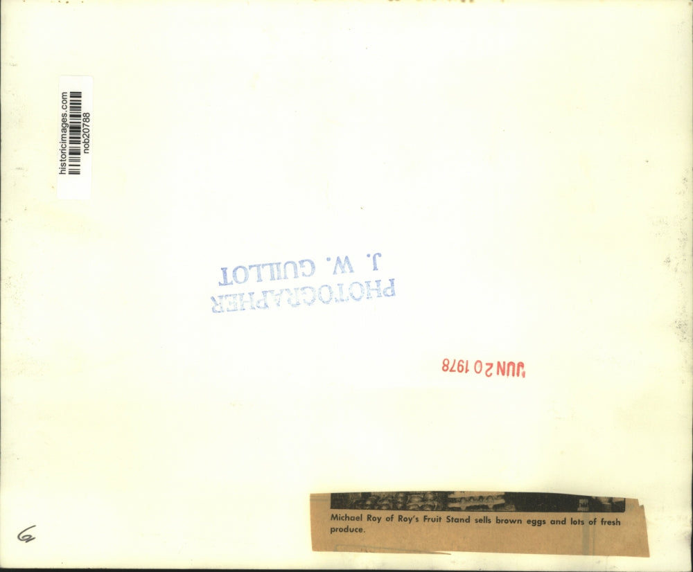 1978 Press Photo Michael Roy of Roy's Fruit Stand sells brown eggs and produce.