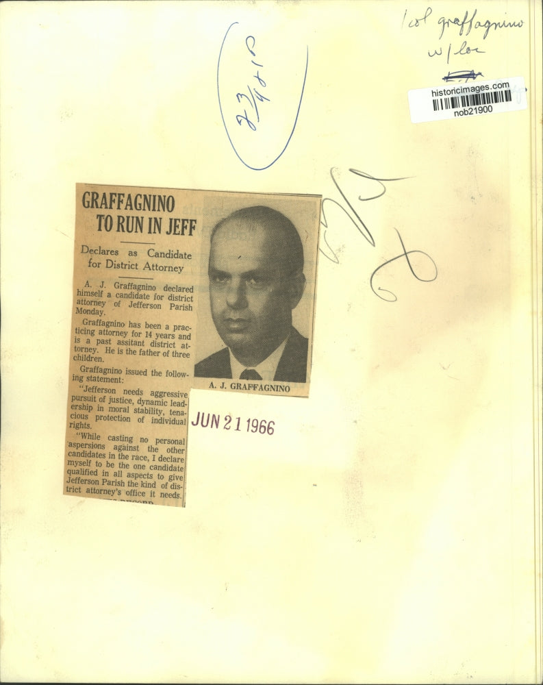 1966 Press Photo A. J. Graffagnino candidate for district attorney of Jefferson