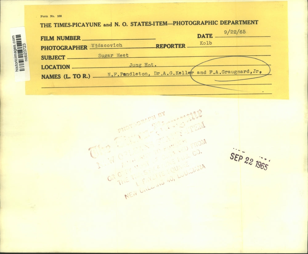 1965 Press Photo N.F. Pandleton, Dr. A.G. Keller & F.A. Graugnard at Sugar Meet