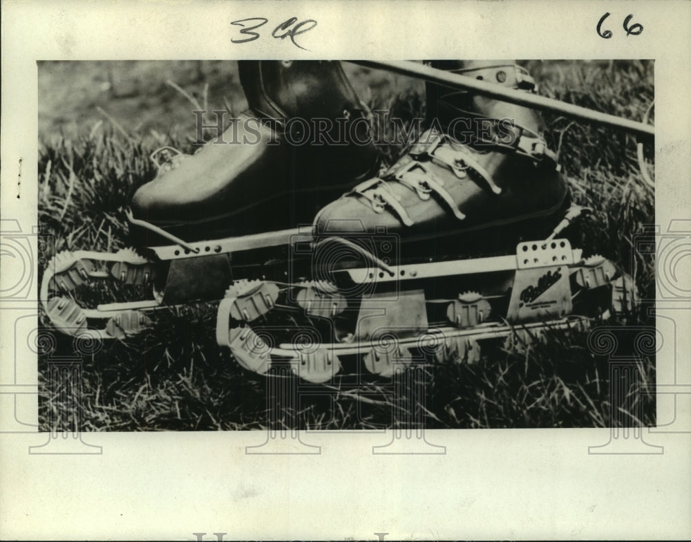 1970 Press Photo A pair of nylon wheel &amp; belt grass skis, a new sport in Europe- Historic Images