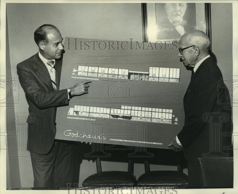 Load image into Gallery viewer, 1971 Press Photo Godchaux Executives look over model of new branch at Lakeside
