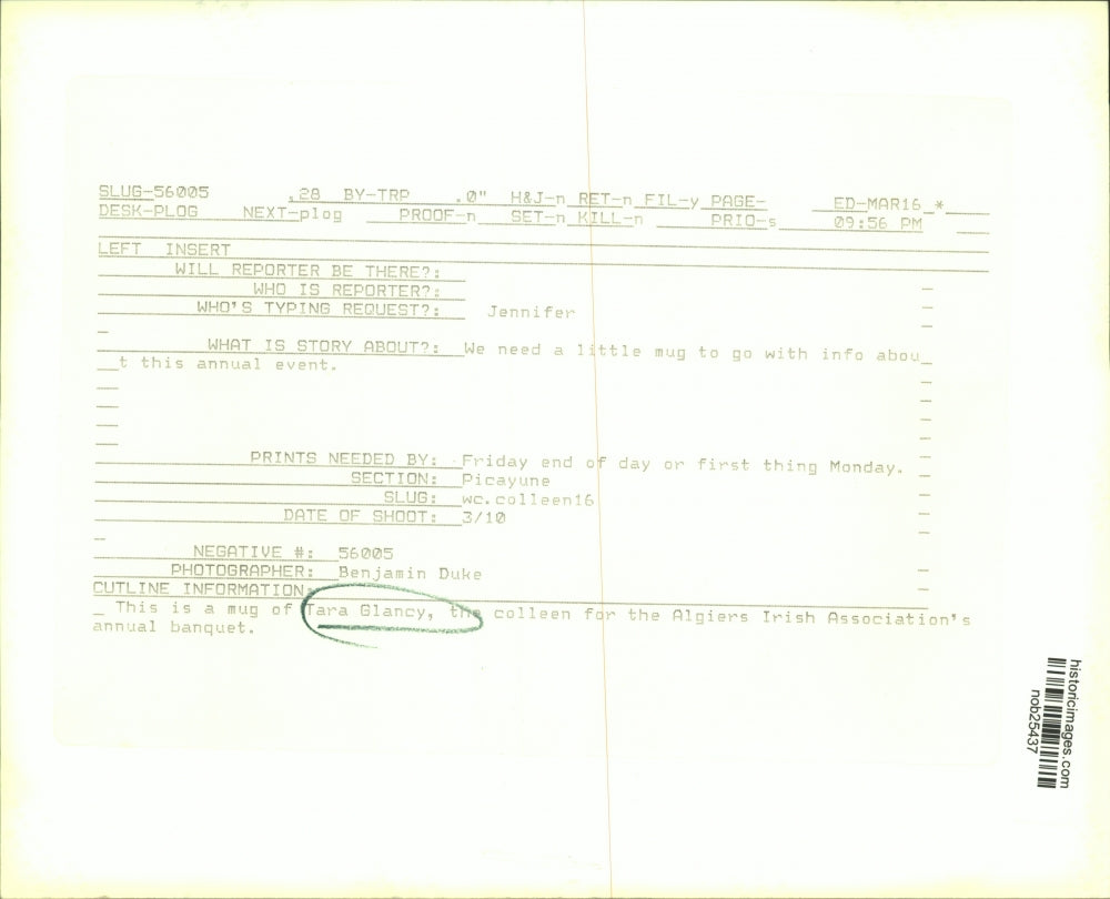 Press Photo Tara Glancy, Colleen for the Algiers Irish Association banquet.