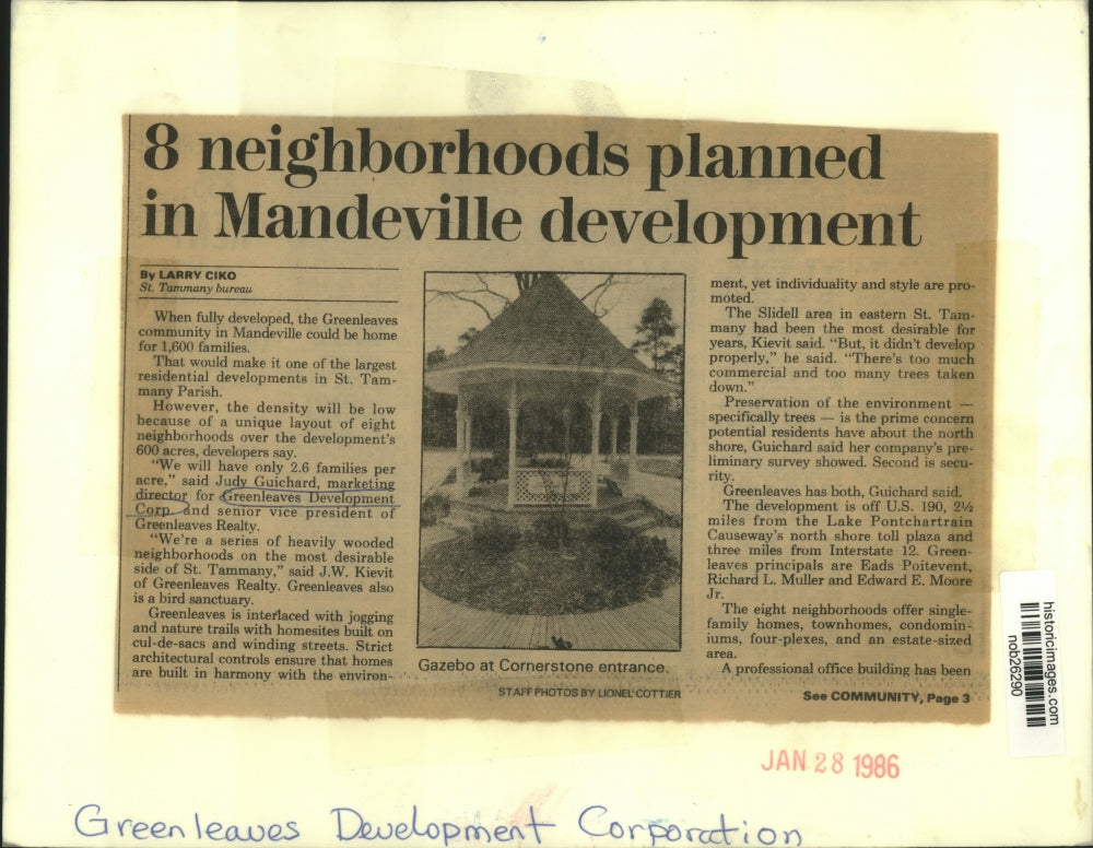 1986 Press Photo Gazebo at entrance to Cornerstone in Greenleaves in Mandeville
